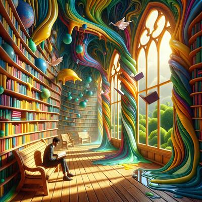 The primary subject of the image is a man sitting in a chair in a room filled with books. The setting is a library, and the visual style is digital art. The room is painted with vibrant colors, creating a lively and engaging atmosphere.